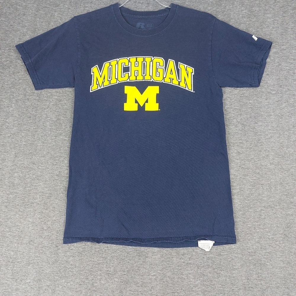 RUSSELL UNIVERSITY OF MICHIGAN U OF M MENS UNISEX BLUE SHORT SLEEVE TSHIRT SZ S